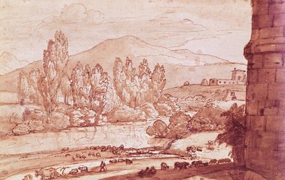 川、牛の群れ、牧夫のいる風景（ペン、トイレ、ビスターウォッシュ） 作： Claude Lorrain